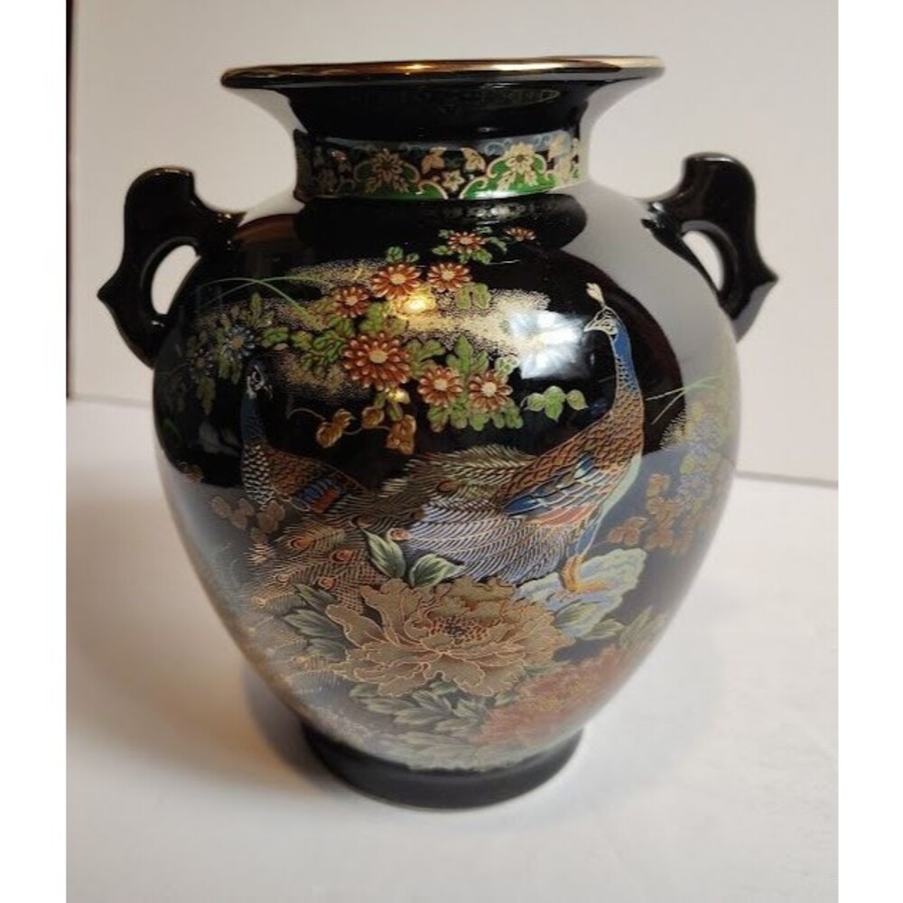 Shaddy Black Gold Japanese Peacock Vase Floral Handles 6.5 Inch